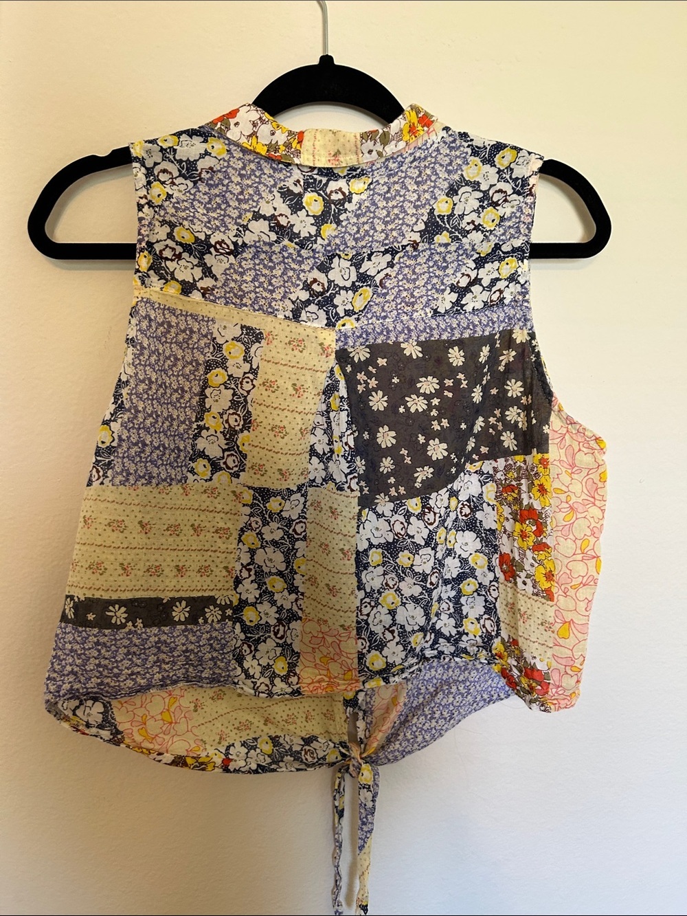 Natural Life Patchwork Floral Tie-Front Top - Blue, Cream, Yellow - Picture 4 of 5